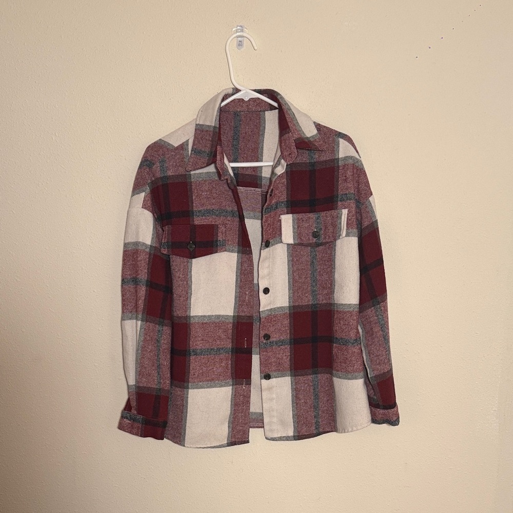 Women Flannel Plaid Maroon/White/Balck Button-Up Shirt SizeM